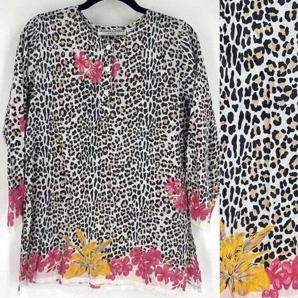 Graham Kandiah Tops - Graham Kandiah Leopard Print Floral 100% Cotton Tunic Top Resort  Coverup Size S